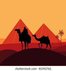 Pyramids and camel caravan in wild africa landscape illustration