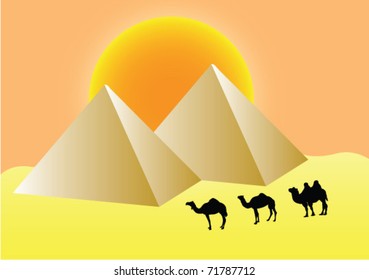 Pyramids and camels in sunset - vector