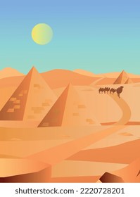 Pyramids in the desert flat vector illustration. Egyptian landscape panoramic cartoon background. Bedouin camel caravan and sights of Egypt. African landscapes of nature. Animals and sand dunes.