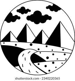 Pyramids and Desert Long Exposure Concept,  Beautiful mountain landscape with the river in the valley Vector Icon Design, natural scenery in circular sign picturesque symbol, countryside terrain stock