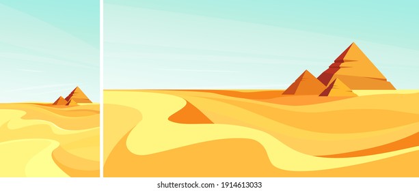 Pyramids in desert. Set of landscapes in vertical and horizontal orientation.