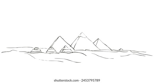 Pyramids in the desert vector sketch, Egyptian pyramids in Giza in the desert sands vector illustration hand drawn black line art style on white background