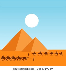 Pyramids of Egypt and camel caravan. Vector illustration. Sketch for creativity.