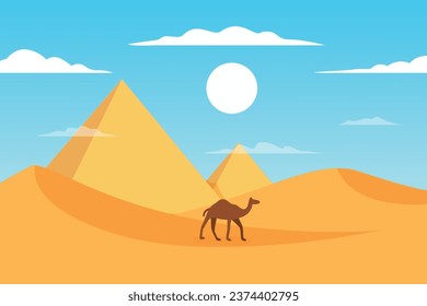 pyramids egypt Desert with caravan of camels landscape background