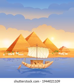 Pyramids of Egypt. Egyptian pyramids in the evening on the river. Pyramid of Cheops in Cairo, in Giza. A boat sailing past the pyramids. Vector illustration