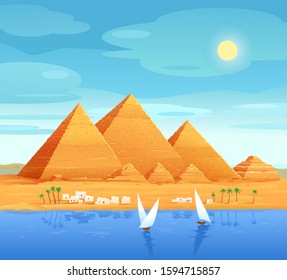 The pyramids of Egypt. Egyptian pyramids on the river. The Cheops Pyramid in Cairo, in Giza. Egyptian stone structures. Vector illustration