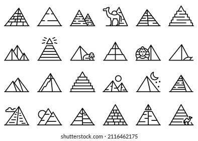 Pyramids egypt icons set outline vector. Cairo sphinx. Pharaoh giza