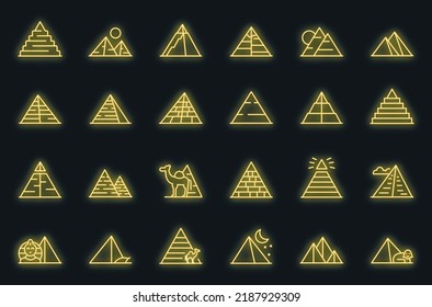 Pyramids egypt icons set outline vector. Cairo sphinx. Pharaoh giza vector neon