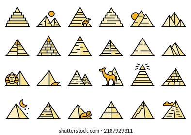 Pyramids egypt icons set outline vector. Cairo sphinx. Pharaoh giza