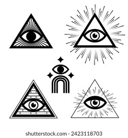 Pirámides con ojo. Símbolos modernos de estilo de línea de geometría sagrada. Símbolos religiosos y esotéricos. Emblemas del conjunto de vectores. 