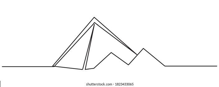 Pyramids of Giza. Egypt continuous line drawing. One line sketch of Pyramids of Egypt. Single one line drawing Pyramid. Beauty historical iconic place in Giza, Egypt. Tourism and travel postcard.