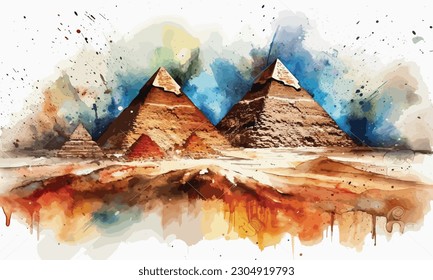 Las Pirámides de Giza Egipto acuarela fondo blanco.