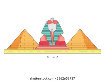 Pyramids of Giza in flat vector style,
Egypt cityscape with famous landmarks icon isolated vector illustration