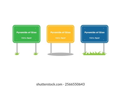 Pyramids of Giza road sign. Cairo, Egypt. Tourist place sign, Pyramids of Giza entering signpost. Billboard on the road. Vector illustration