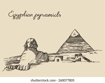 Pyramids and Great Sphinx of Giza in Cairo (Egypt) ,vintage engraved illustration, hand drawn, sketch