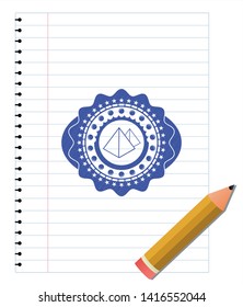 pyramids icon emblem drawn with pen. Blue ink. Vector Illustration. Detailed.