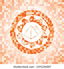 pyramids icon inside abstract emblem, orange mosaic background