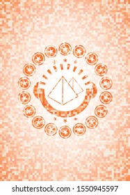 pyramids icon inside abstract emblem, orange mosaic background