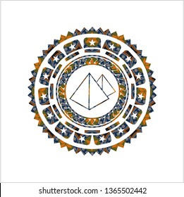 pyramids icon inside arabesque badge background. arabic decoration.