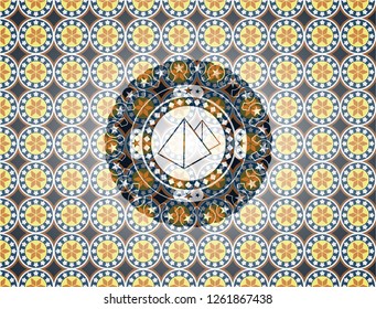 pyramids icon inside arabic badge background. Arabesque decoration.