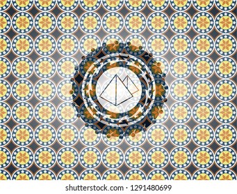 pyramids icon inside arabic emblem background. Arabesque decoration.