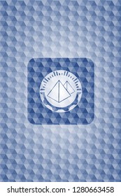 pyramids icon inside blue emblem or badge with abstract geometric polygonal pattern background.