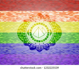 pyramids icon inside emblem on mosaic background with the colors of the LGBT flag