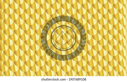 icono de las pirámides dentro de la insignia dorada brillante. Patrón de escalas. Ilustración vectorial. Detallado. 
