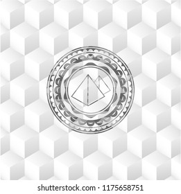 pyramids icon inside grey emblem. Vintage with geometric cube white background