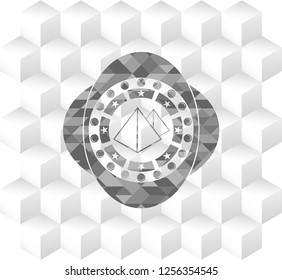 pyramids icon inside grey emblem. Retro with geometric cube white background