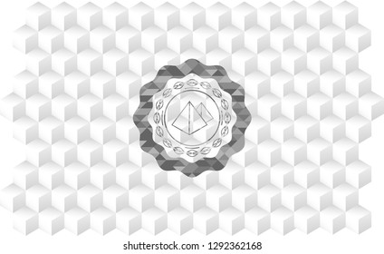 pyramids icon inside grey emblem. Retro with geometric cube white background