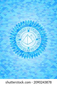 pyramids icon inside light blue emblem. Mosaic background. 