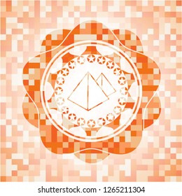 pyramids icon inside orange tile background illustration. Square geometric mosaic seamless pattern with emblem inside.