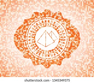 pyramids icon inside orange tile background illustration. Square geometric mosaic seamless pattern with emblem inside.