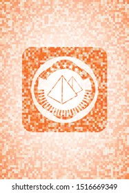 pyramids icon inside orange tile background illustration. Square geometric mosaic seamless pattern with emblem inside.