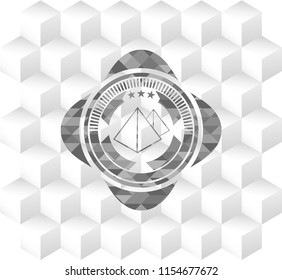 pyramids icon inside realistic grey emblem with geometric cube white background