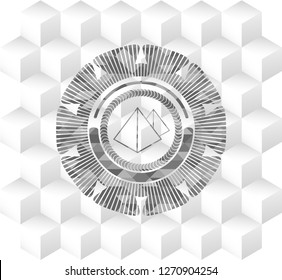 pyramids icon inside realistic grey emblem with geometric cube white background