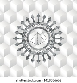 pyramids icon inside realistic grey emblem with geometric cube white background
