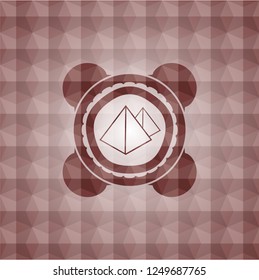 pyramids icon inside red seamless emblem or badge with abstract geometric polygonal pattern background.
