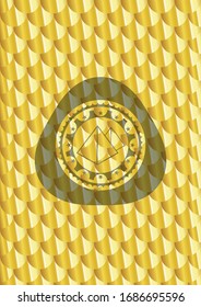 pyramids icon inside shiny golden badge. Scales pattern. Vector Illustration. Detailed.