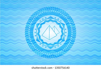 pyramids icon inside sky blue water emblem.