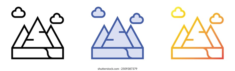 Icono de pirámides. Lineal, relleno azul y diseño de estilo degradado aislado sobre fondo blanco