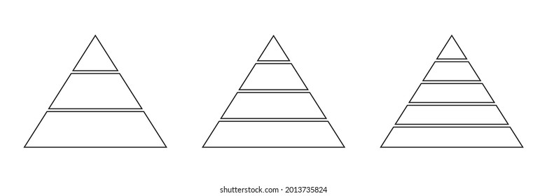 Pyramids-Zeilensymbol für Infografiken eingestellt. Dreiecke umrissen mit 3, 4, 5 Ebenen. Grafikelemente des Hierarchiedesigns. Vektorgrafik einzeln auf Weiß