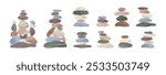 Pyramids made of pebbles. Balanced structures made up of smooth zen stones, rounded shapes, different textures and sizes. Smooth stony surface. Harmony and calm. Cartoon flat tidy vector set