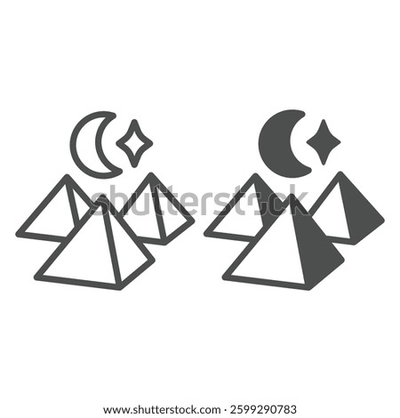 Pyramids with moon and stars line and solid icon, egyptian history concept. Vector graphics. Stone monuments, culture sign on white background, outline style icon for mobile or web design