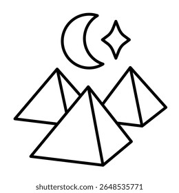 Pyramids with moon and stars thin line icon, egyptian history concept. Vector graphics. Stone monuments, culture sign on white background, style mobile or design