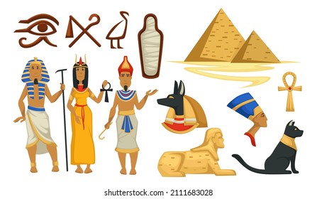 Pyramids and mummies, gods and sphinx, nefertiti bust and cat with symbol ankh. People wearing traditional clothes for ancient times, egyptian civilization and culture of past. Vector in flat