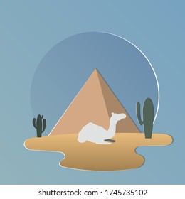 pyramids and oasis in Arabian desert with camels.Camel caravan.Vector illustration