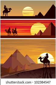 The Pyramids: Set of 3 cartoon landscapes with the Egyptian Pyramids. No transparency used. Basic (linear) gradients.