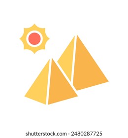 Pyramids set icon. Two yellow pyramids, sun, black outline, ancient Egypt, historical monument, architecture, desert, landmark, tourism.